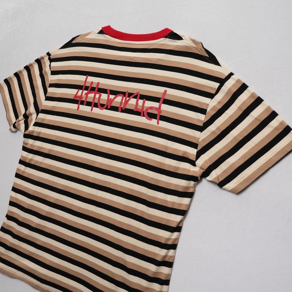 4Hunnid Ringer T Shirt Mens XL Tan Black Stripe Streetwear Graphic Logo - Picture 15 of 15